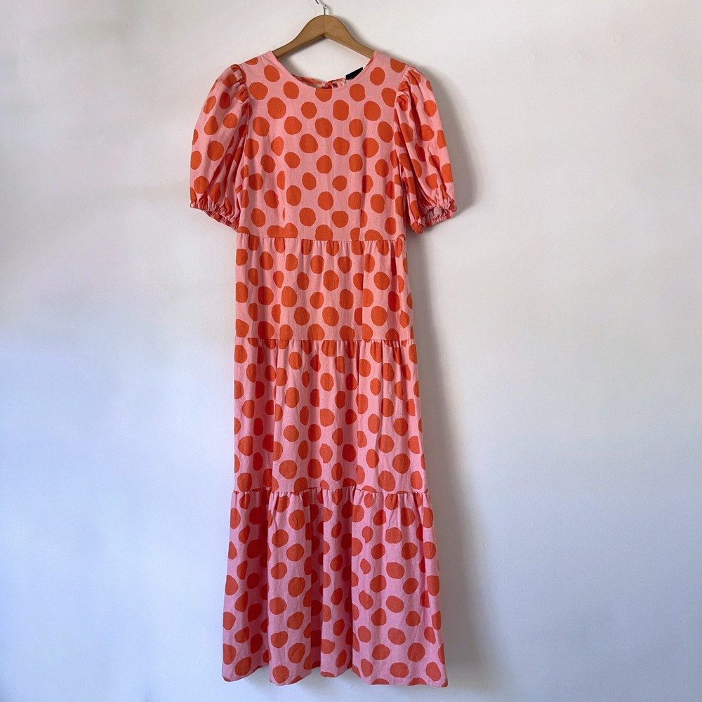 Pink Orange Polka Dot‎ Tiered Maxi Dress XS Linen Blend Puff Sleeve Dopamine